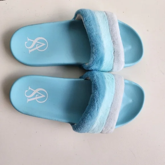 Victorias Secret Slides Sandals Aqua Blue Stripe Fur Fuzzy Slip Open Toe L 9/ 10 - Picture 2 of 7